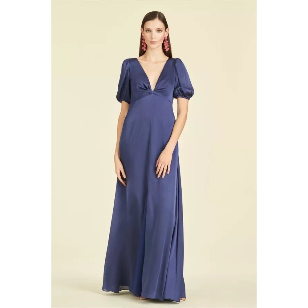 Sachin & Babi Alli Gown Deep Cobalt Blue Satin Puff Sleeve Maxi Dress Size 2 NEW